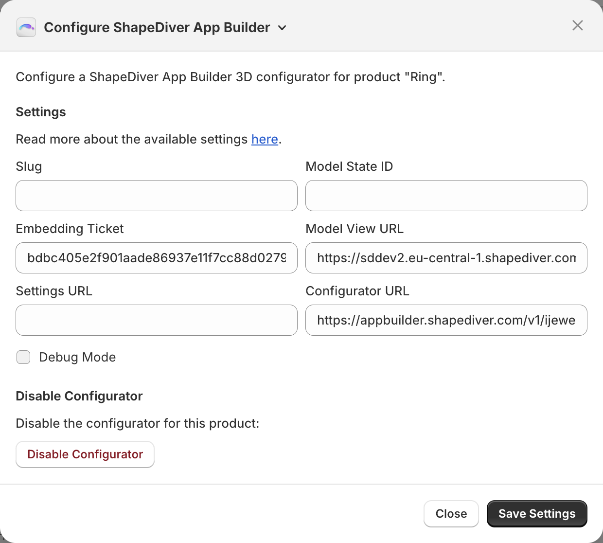 Settings of the App Builder configurator linked to a Shopify product 